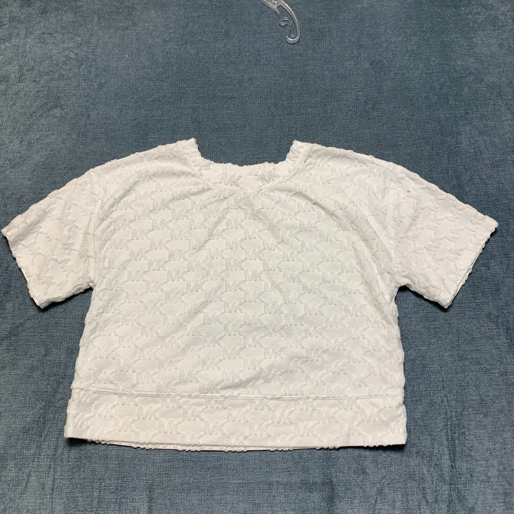 Michael Kors Cropped Top Womens XS White All Over Textured MK Logo Everyday Wear